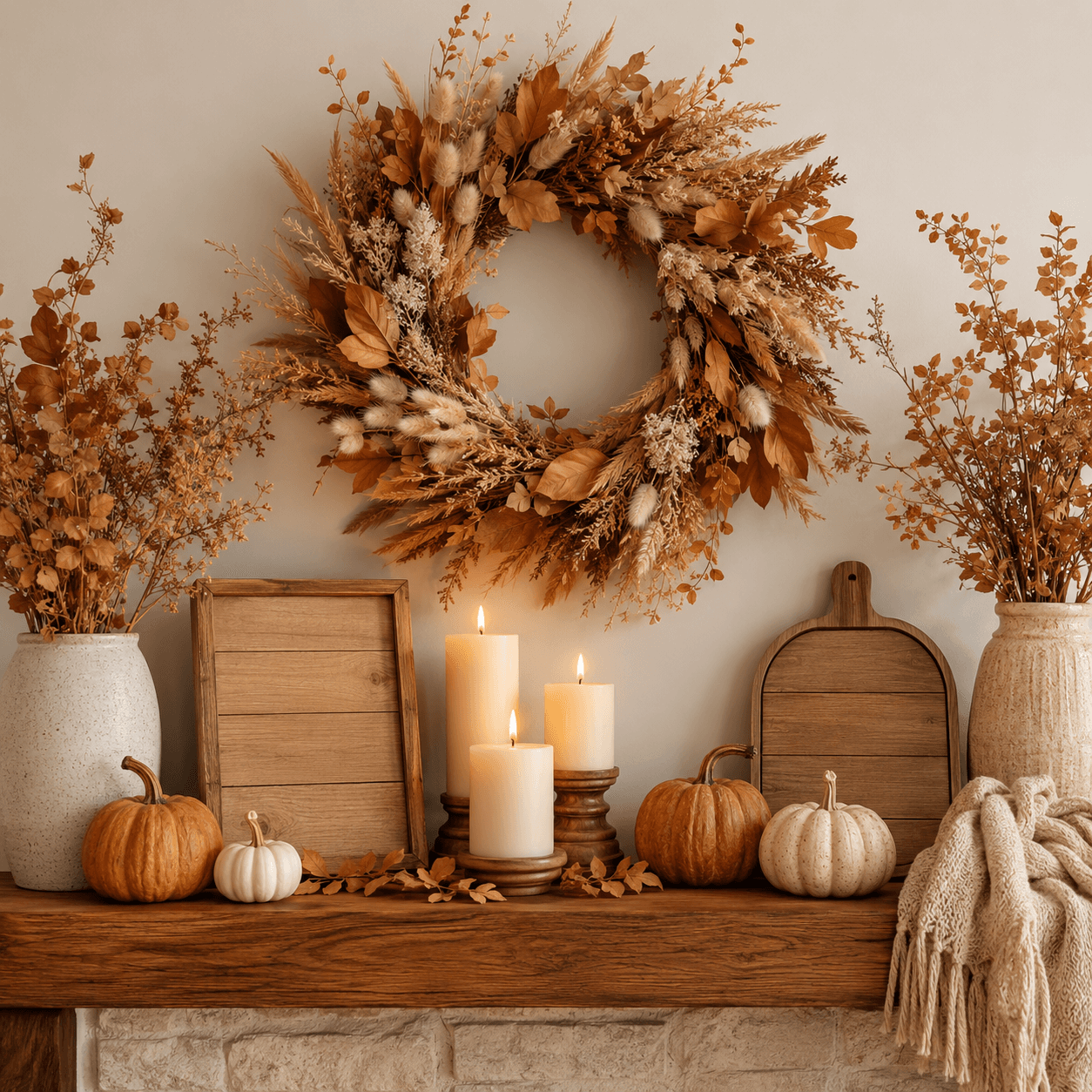 Seasonal Mantel Bundle (Autumn) — Autumn mantel display. Warm-toned wreath, Candles x3, Wooden sign, Mini pumpkins