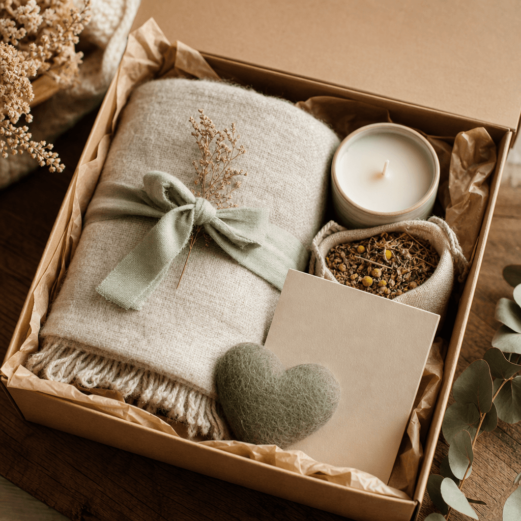 Comfort & Care Gift Box — A thinking-of-you gift. Soft throw, Candle, Herbal tea, Blank card, Wool-felt heart
