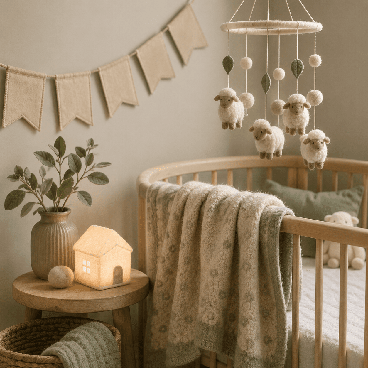 A nursery corner with a soft wool blanket, felt sheep mobile and a personalised name bunting
