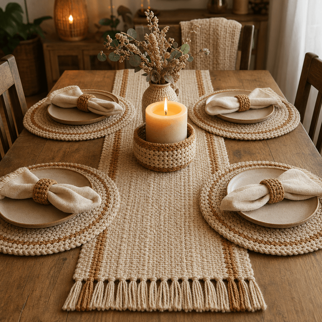 Handmade Table Warmth Set — A warm handmade table. Table runner, Placemats x4, Napkin rings x4, Centre candle
